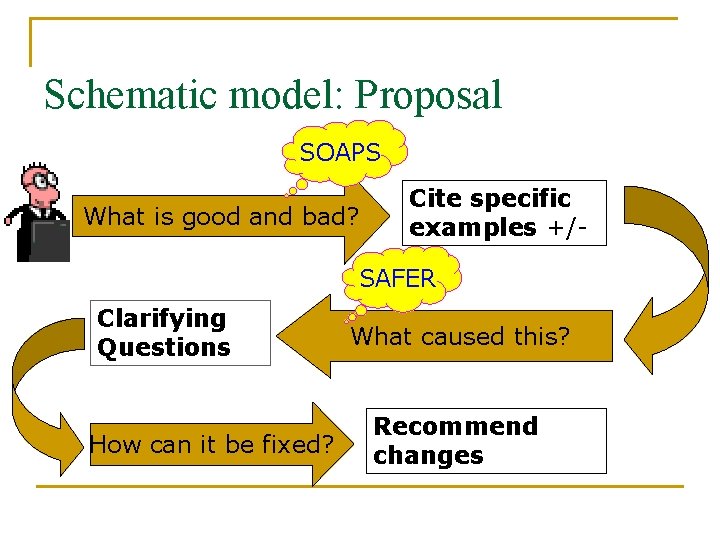 Schematic model: Proposal SOAPS What is good and bad? Cite specific examples +/- SAFER