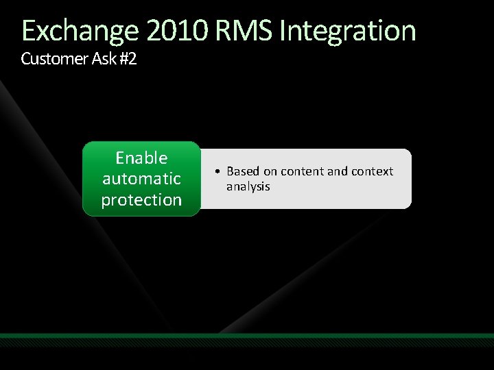 Exchange 2010 RMS Integration Customer Ask #2 Enable automatic protection • Based on content Exchange 2010 RMS Integration Customer Ask #2 Enable automatic protection • Based on content