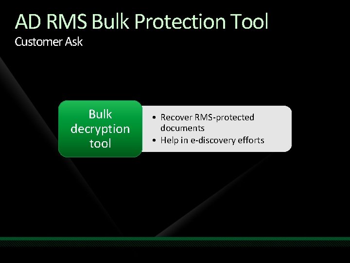 AD RMS Bulk Protection Tool Customer Ask Bulk decryption tool • Recover RMS-protected documents AD RMS Bulk Protection Tool Customer Ask Bulk decryption tool • Recover RMS-protected documents