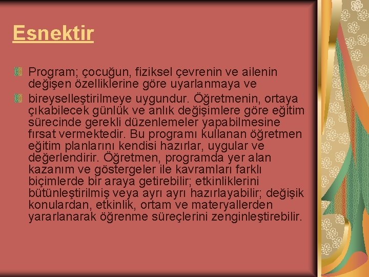 Esnektir Program; çocuğun, fiziksel çevrenin ve ailenin değişen özelliklerine göre uyarlanmaya ve bireyselleştirilmeye uygundur.