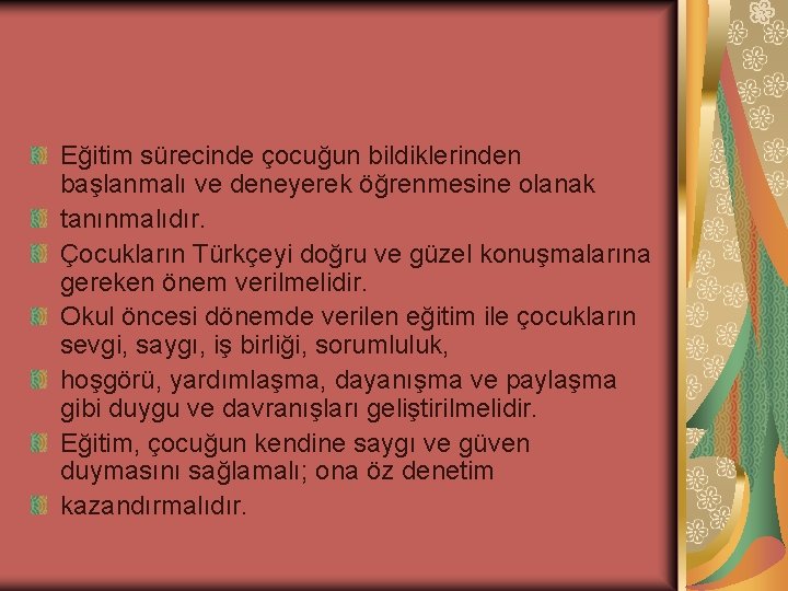 Eğitim sürecinde çocuğun bildiklerinden başlanmalı ve deneyerek öğrenmesine olanak tanınmalıdır. Çocukların Türkçeyi doğru ve