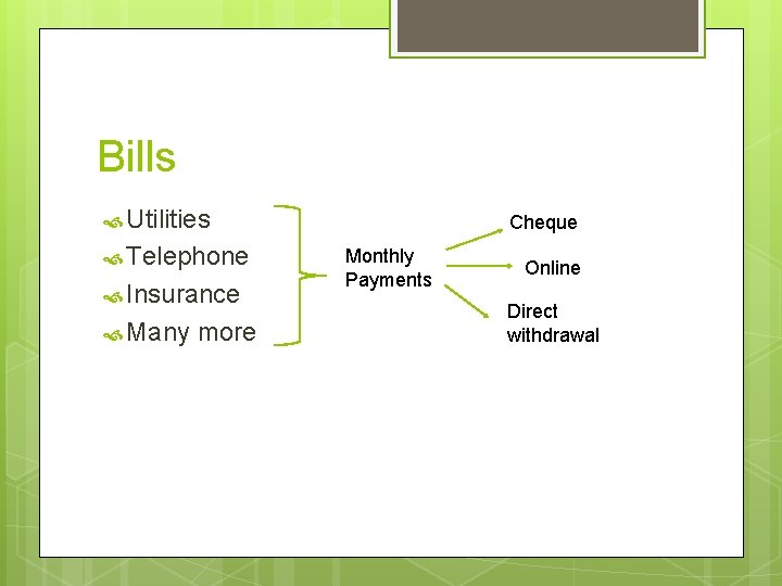 Bills Utilities Telephone Insurance Many more Cheque Monthly Payments Online Direct withdrawal Bills Utilities Telephone Insurance Many more Cheque Monthly Payments Online Direct withdrawal