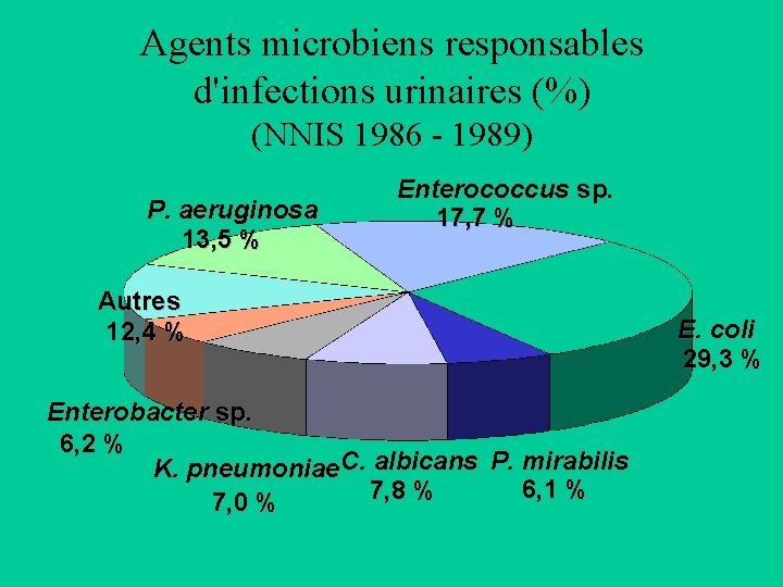 Agents microbiens responsables d'infections urinaires (%) (NNIS 1986 - 1989) P. aeruginosa 13, 5