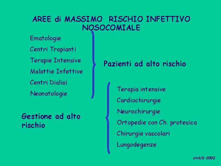 AREE di MASSIMO RISCHIO INFETTIVO NOSOCOMIALE Ematologie Centri Trapianti Terapie Intensive Malattie Infettive Centri