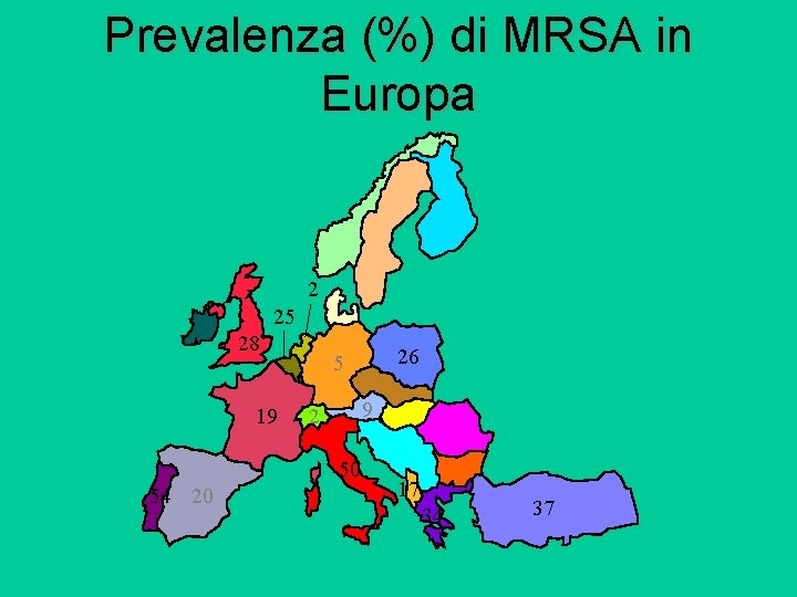 Prevalenza (%) di MRSA in Europa Fluit et al, JCM 2001, 39: 3727 -32