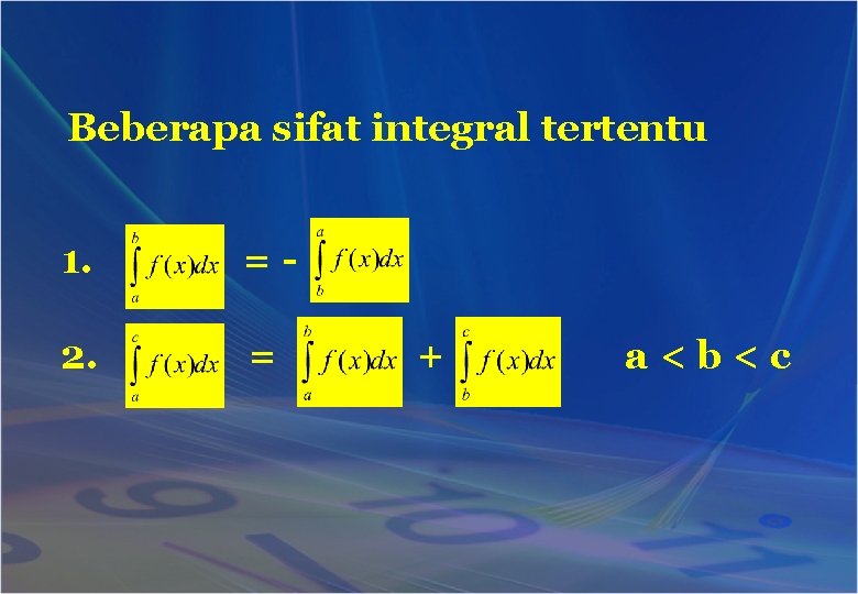 Beberapa sifat integral tertentu 1. =- 2. = + a<b<c 