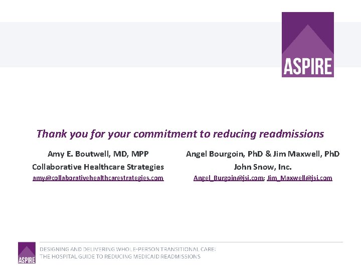 Thank you for your commitment to reducing readmissions Amy E. Boutwell, MD, MPP Collaborative