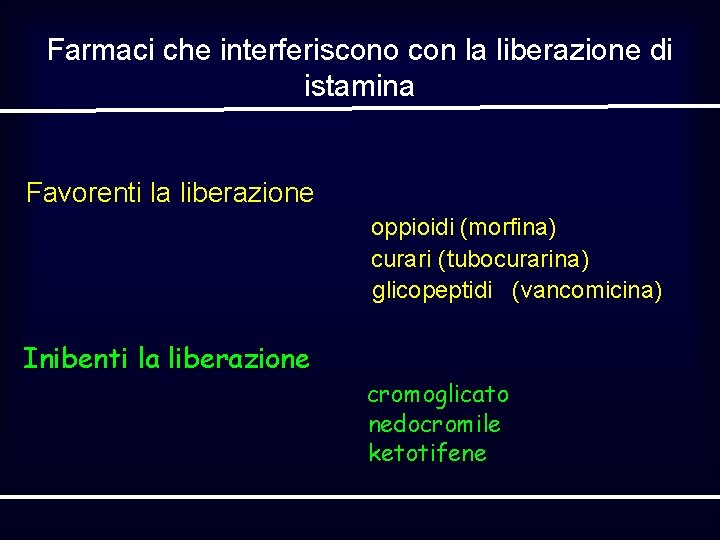 Farmaci che interferiscono con la liberazione di istamina Favorenti la liberazione oppioidi (morfina) curari