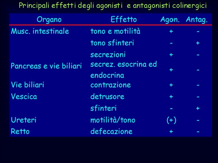 Principali effetti degli agonisti e antagonisti colinergici 