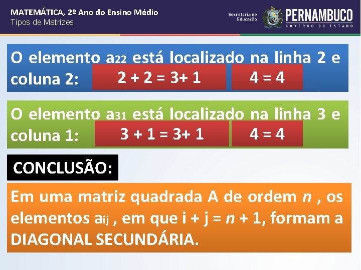 MATEMÁTICA, 2º Ano do Ensino Médio Tipos de Matrizes O elemento a 22 está