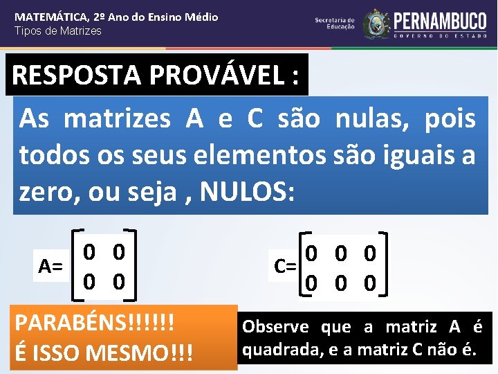 MATEMÁTICA, 2º Ano do Ensino Médio Tipos de Matrizes RESPOSTA PROVÁVEL : As matrizes