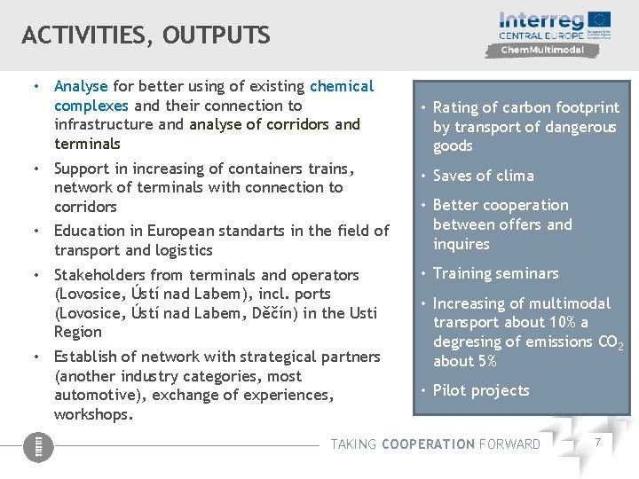 ACTIVITIES, OUTPUTS • Analyse for better using of existing chemical complexes and their connection