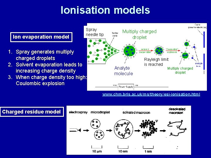 Ionisation models Ion evaporation model Spray needle tip 1. Spray generates multiply charged droplets