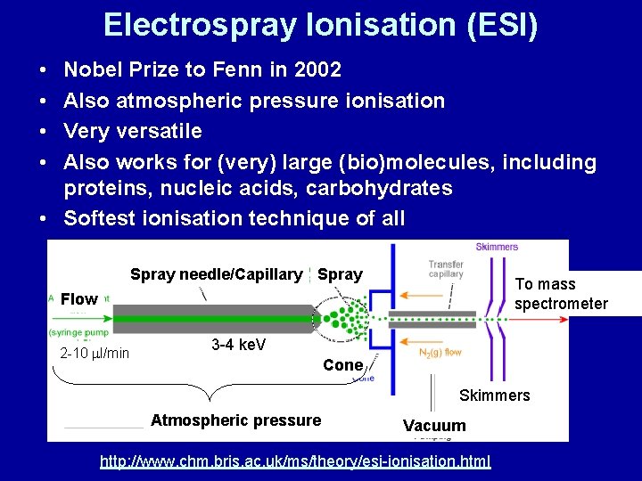 Electrospray Ionisation (ESI) • • Nobel Prize to Fenn in 2002 Also atmospheric pressure