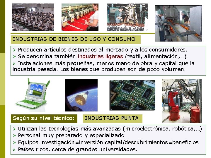 INDUSTRIAS DE BIENES DE USO Y CONSUMO Producen artículos destinados al mercado y a