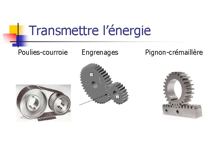 Transmettre l’énergie Poulies-courroie Engrenages Pignon-crémaillère 