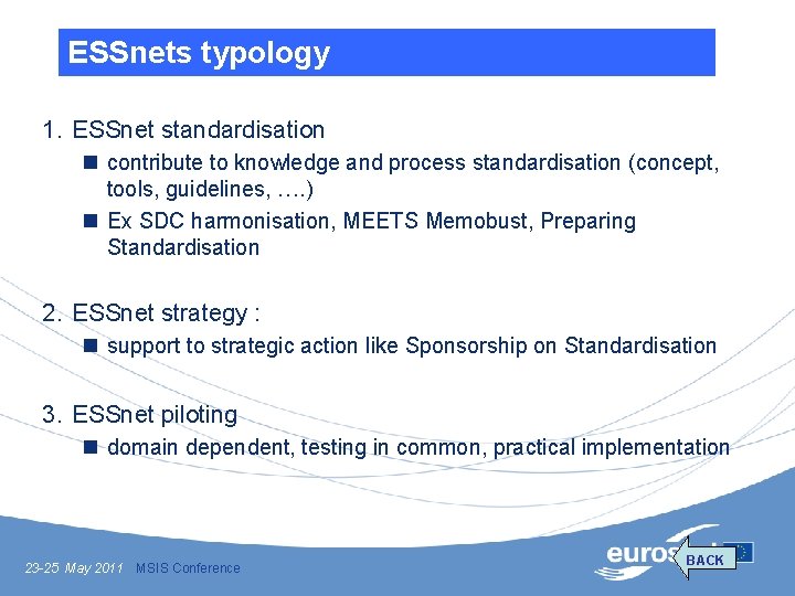 ESSnets typology 1. ESSnet standardisation n contribute to knowledge and process standardisation (concept, tools,