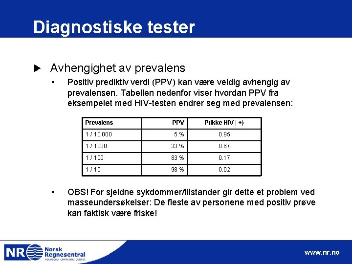 Diagnostiske tester ► Avhengighet av prevalens ▪ ▪ Positiv prediktiv verdi (PPV) kan være