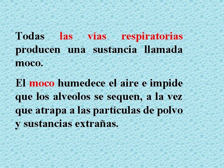 Todas las vías respiratorias producen una sustancia llamada moco. El moco humedece el aire