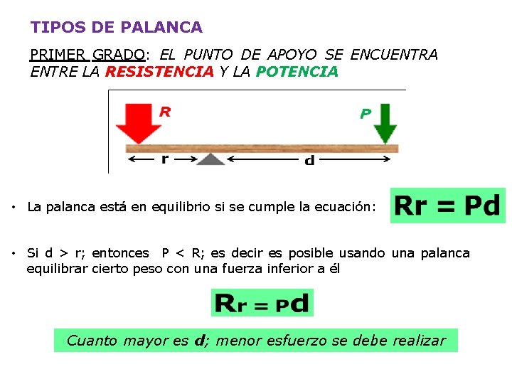 TIPOS DE PALANCA PRIMER GRADO: EL PUNTO DE APOYO SE ENCUENTRA ENTRE LA RESISTENCIA