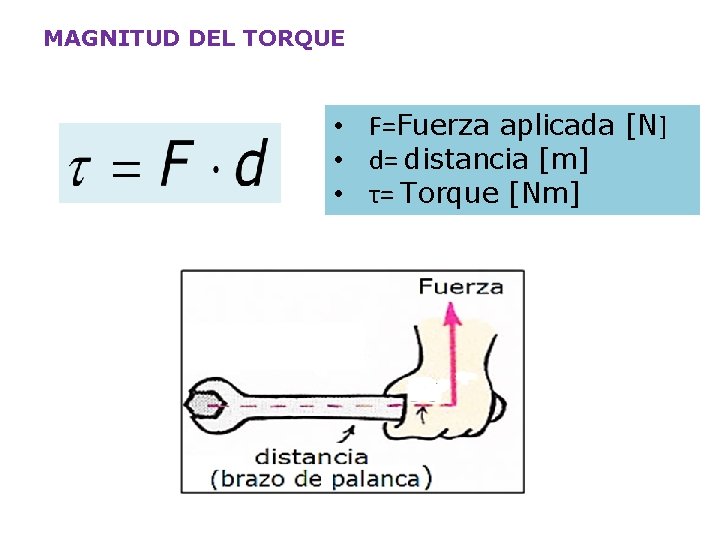 MAGNITUD DEL TORQUE • F=Fuerza aplicada [N] • d= distancia [m] • τ= Torque