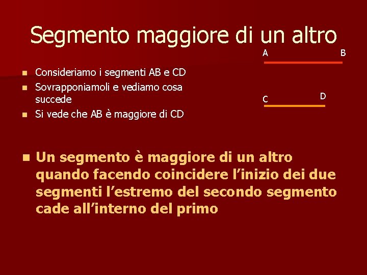 Segmento maggiore di un altro A Consideriamo i segmenti AB e CD n Sovrapponiamoli