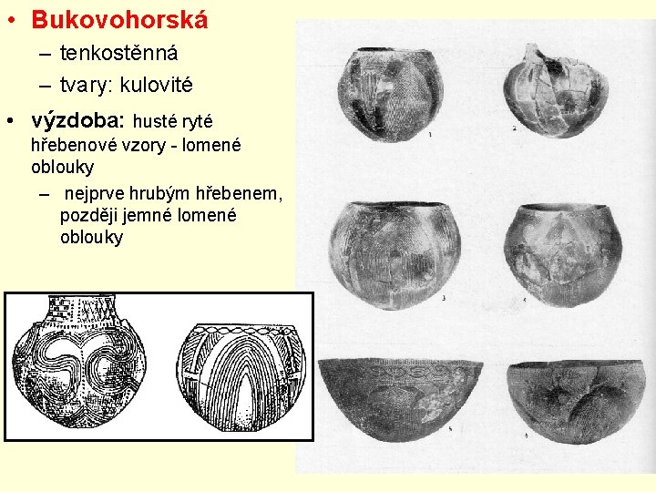  • Bukovohorská – tenkostěnná – tvary: kulovité • výzdoba: husté ryté hřebenové vzory