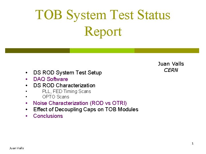 TOB System Test Status Report • • • DS ROD System Test Setup DAQ