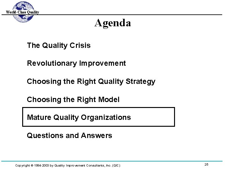 World-Class Quality Agenda The Quality Crisis Revolutionary Improvement Choosing the Right Quality Strategy Choosing