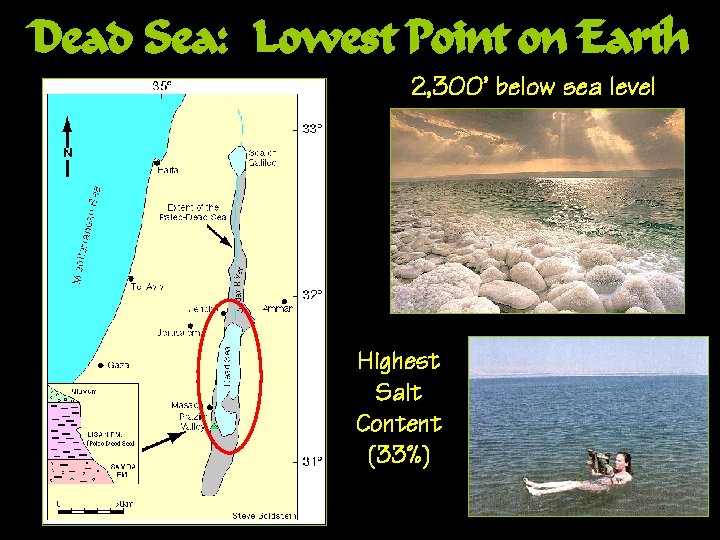 Dead Sea: Lowest Point on Earth 2, 300’ below sea level Highest Salt Content