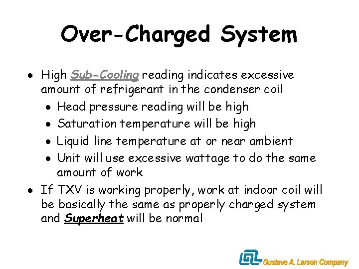 Over-Charged System · High Sub-Cooling reading indicates excessive amount of refrigerant in the condenser