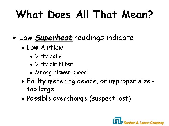 What Does All That Mean? · Low Superheat readings indicate · Low Airflow ·