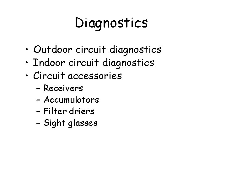 Diagnostics • Outdoor circuit diagnostics • Indoor circuit diagnostics • Circuit accessories – –