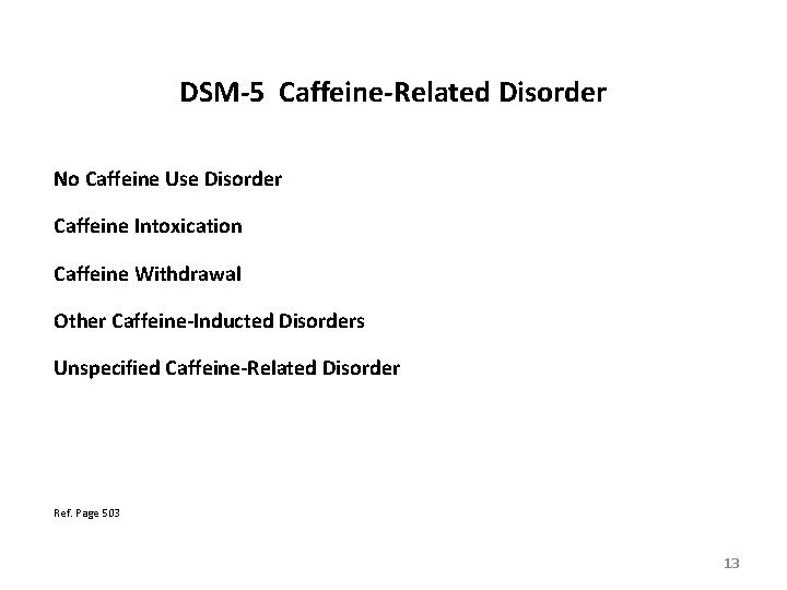 DSM-5 Caffeine-Related Disorder No Caffeine Use Disorder Caffeine Intoxication Caffeine Withdrawal Other Caffeine-Inducted Disorders DSM-5 Caffeine-Related Disorder No Caffeine Use Disorder Caffeine Intoxication Caffeine Withdrawal Other Caffeine-Inducted Disorders