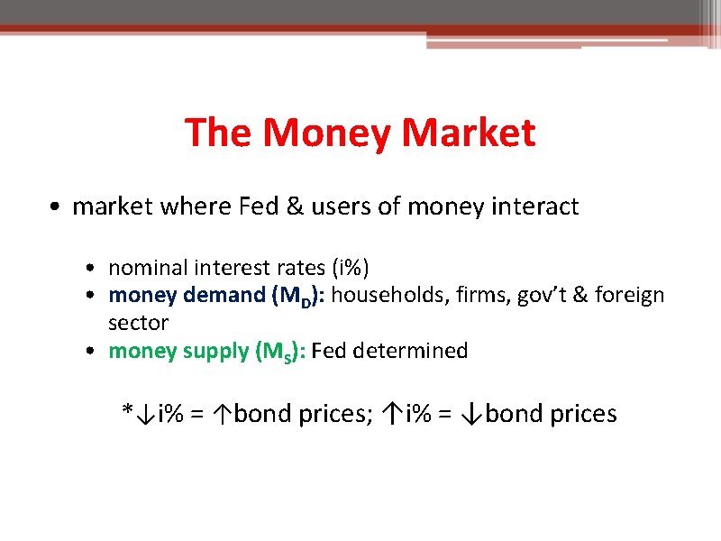 The Money Market • market where Fed & users of money interact • nominal