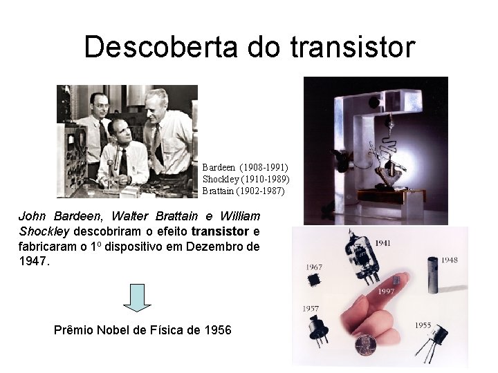 Descoberta do transistor Bardeen (1908 -1991) Shockley (1910 -1989) Brattain (1902 -1987) John Bardeen,