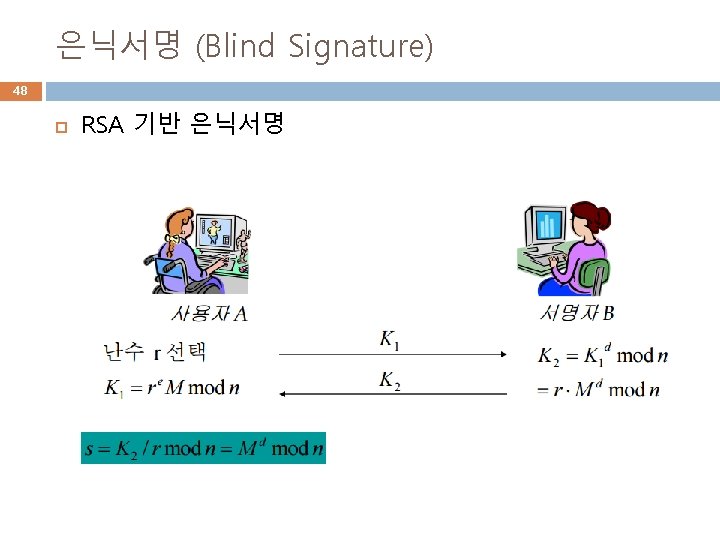 은닉서명 (Blind Signature) 48 RSA 기반 은닉서명 