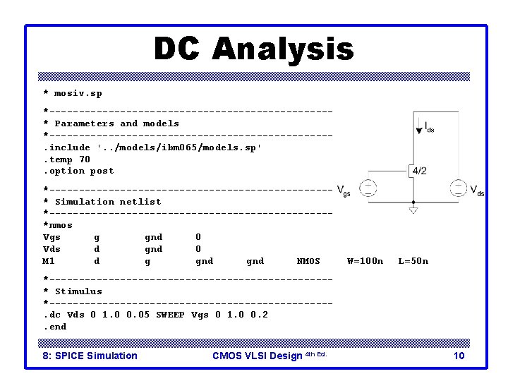 DC Analysis * mosiv. sp *------------------------* Parameters and models *------------------------. include '. . /models/ibm