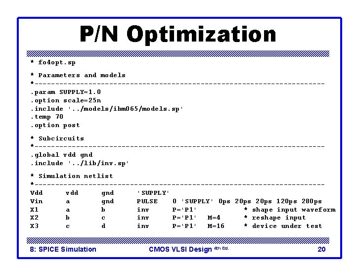 P/N Optimization * fo 4 opt. sp * Parameters and models *-----------------------------------. param SUPPLY=1.