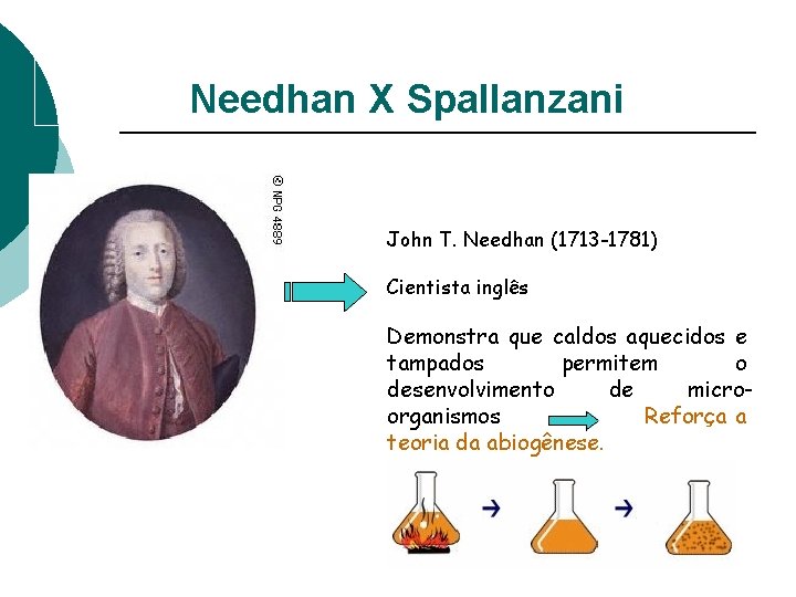 Needhan X Spallanzani John T. Needhan (1713 -1781) Cientista inglês Demonstra que caldos aquecidos Needhan X Spallanzani John T. Needhan (1713 -1781) Cientista inglês Demonstra que caldos aquecidos