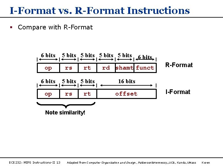 I-Format vs. R-Format Instructions § Compare with R-Format 6 bits op 5 bits 6