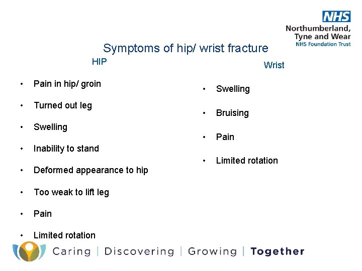 Symptoms of hip/ wrist fracture HIP • Pain in hip/ groin • Turned out