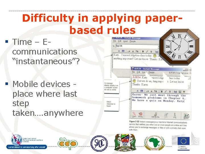 Difficulty in applying paperbased rules § Time – E- communications “instantaneous”? § Mobile devices