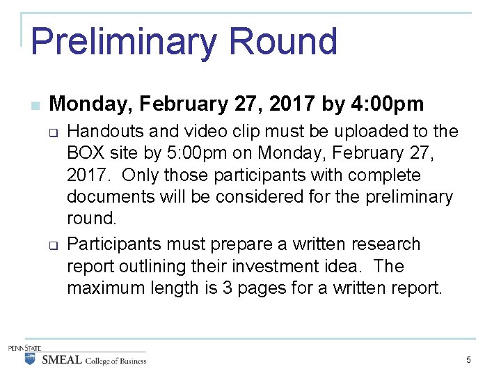 Preliminary Round n Monday, February 27, 2017 by 4: 00 pm q q Handouts