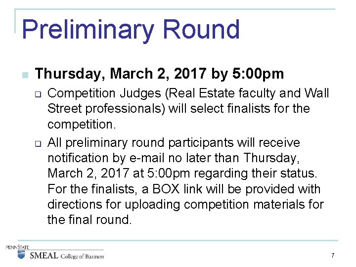 Preliminary Round n Thursday, March 2, 2017 by 5: 00 pm q q Competition