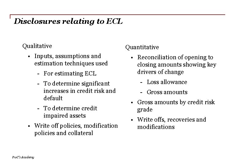 Disclosures relating to ECL Qualitative • Inputs, assumptions and estimation techniques used - For