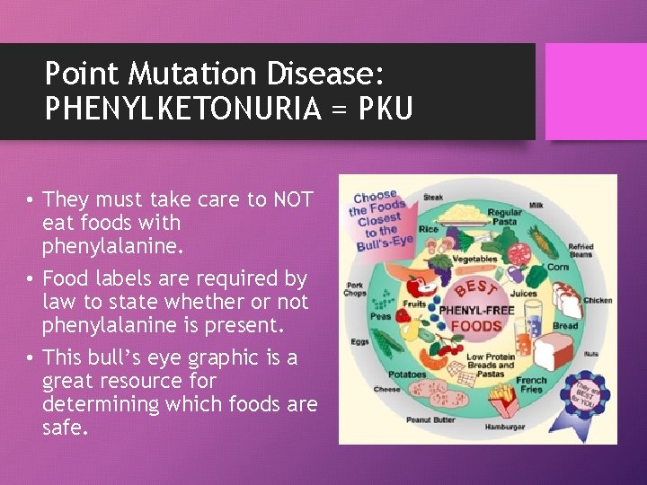 Point Mutation Disease: PHENYLKETONURIA = PKU • They must take care to NOT eat