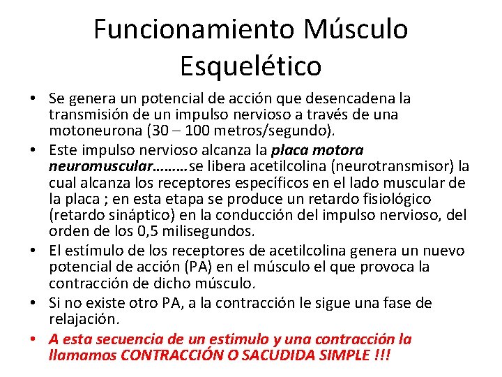 Funcionamiento Músculo Esquelético • Se genera un potencial de acción que desencadena la transmisión