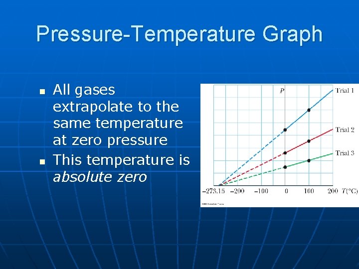 Pressure-Temperature Graph n n All gases extrapolate to the same temperature at zero pressure