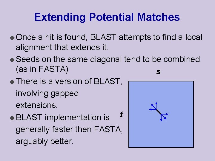 Extending Potential Matches u Once a hit is found, BLAST attempts to find a